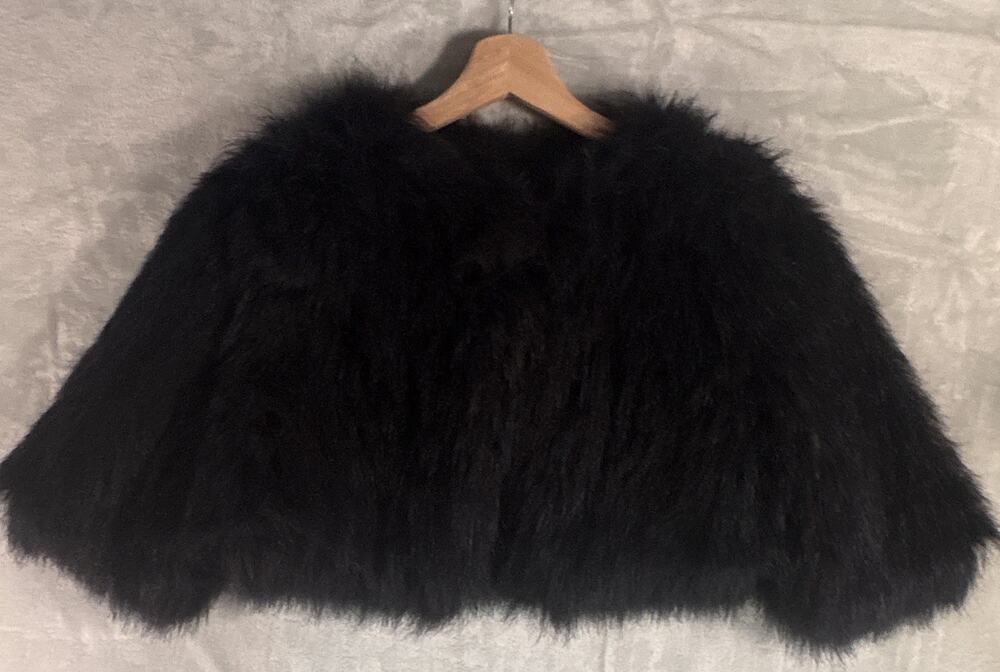 Vintage Made in Italy Benetton Black Mobwife Faux Fur Crop Bolero Jacket 90s Y2K